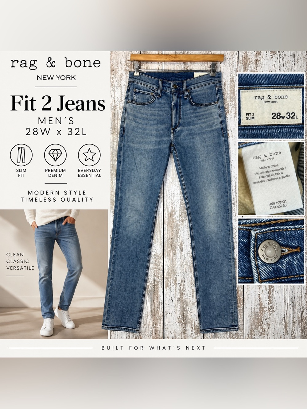 rag & bone Fit 2 Slim Jeans Men’s 28W x 32L Medium Wash Denim